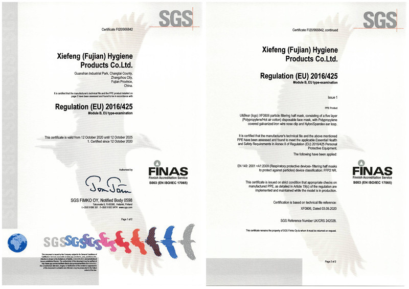China XIEFENG (FUJIAN) HYGIENE PRODUCTS CO.,LTD Zertifizierungen